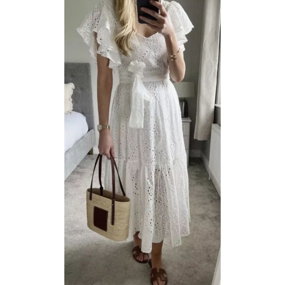 ZARA NWT WOMAN WHITE OPENWORK EMBROIDERY MIDI RUFFLE DRESS SZ XL
